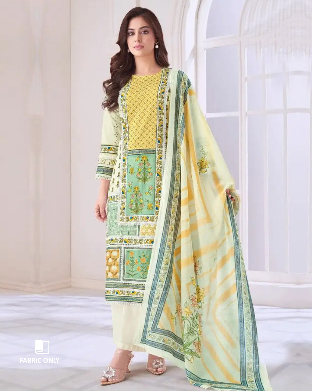 Sand Yellow & White Pure Cotton Lawn Unstitched Dress Material