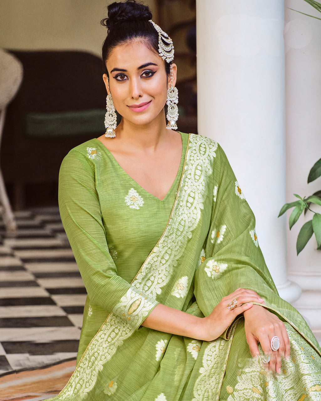 Pine Glade Green Jacquard Cotton Swarovski Embellished Classic Set