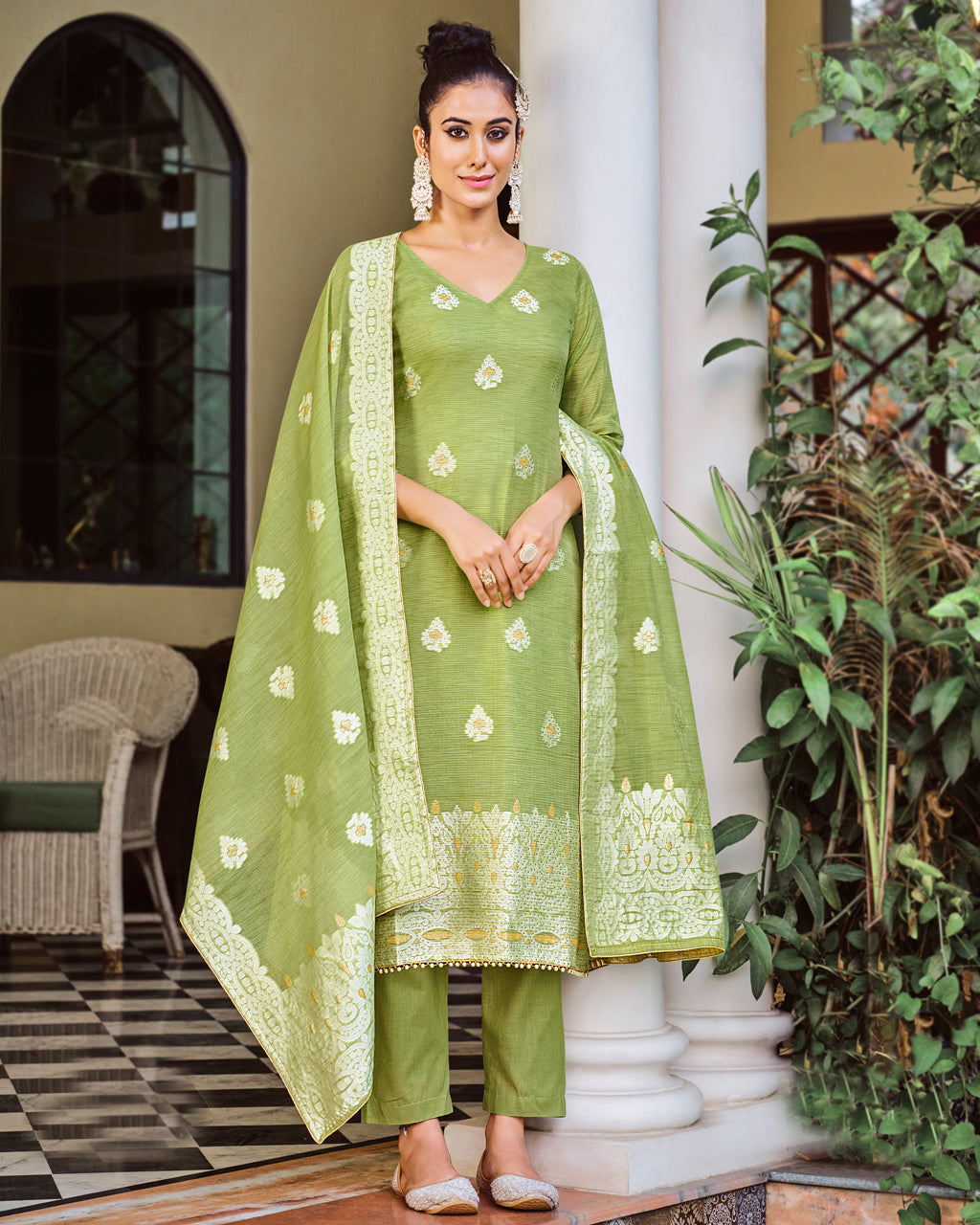 Pine Glade Green Jacquard Cotton Swarovski Embellished Classic Set