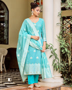 Ocean Cruise Blue Jacquard Design Cotton Unstitched Salwar Suit Material