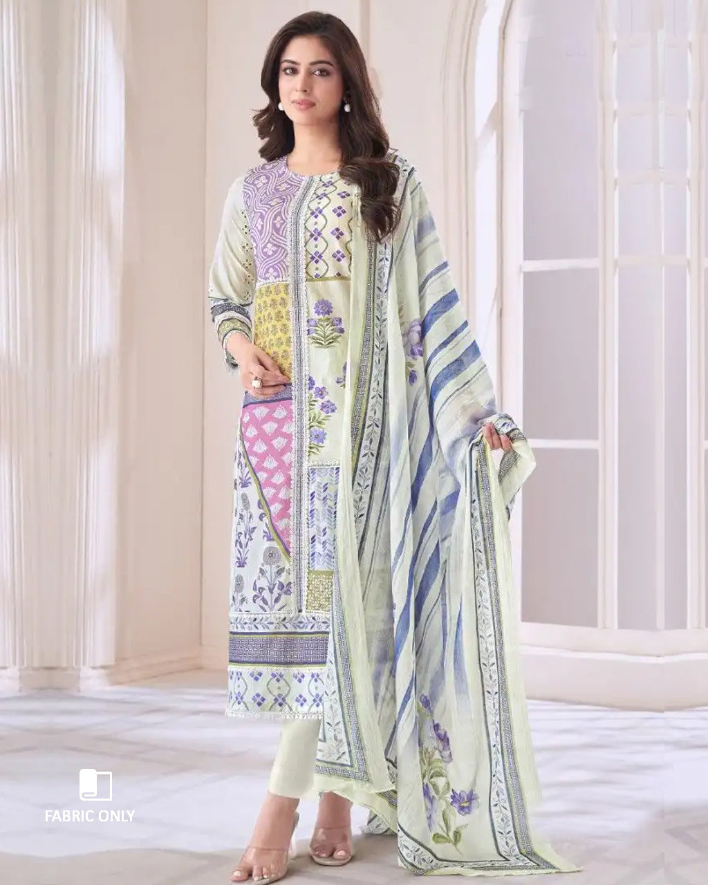 Wild Blue Yonder & White Lawn Cotton Unstitched Dress Material