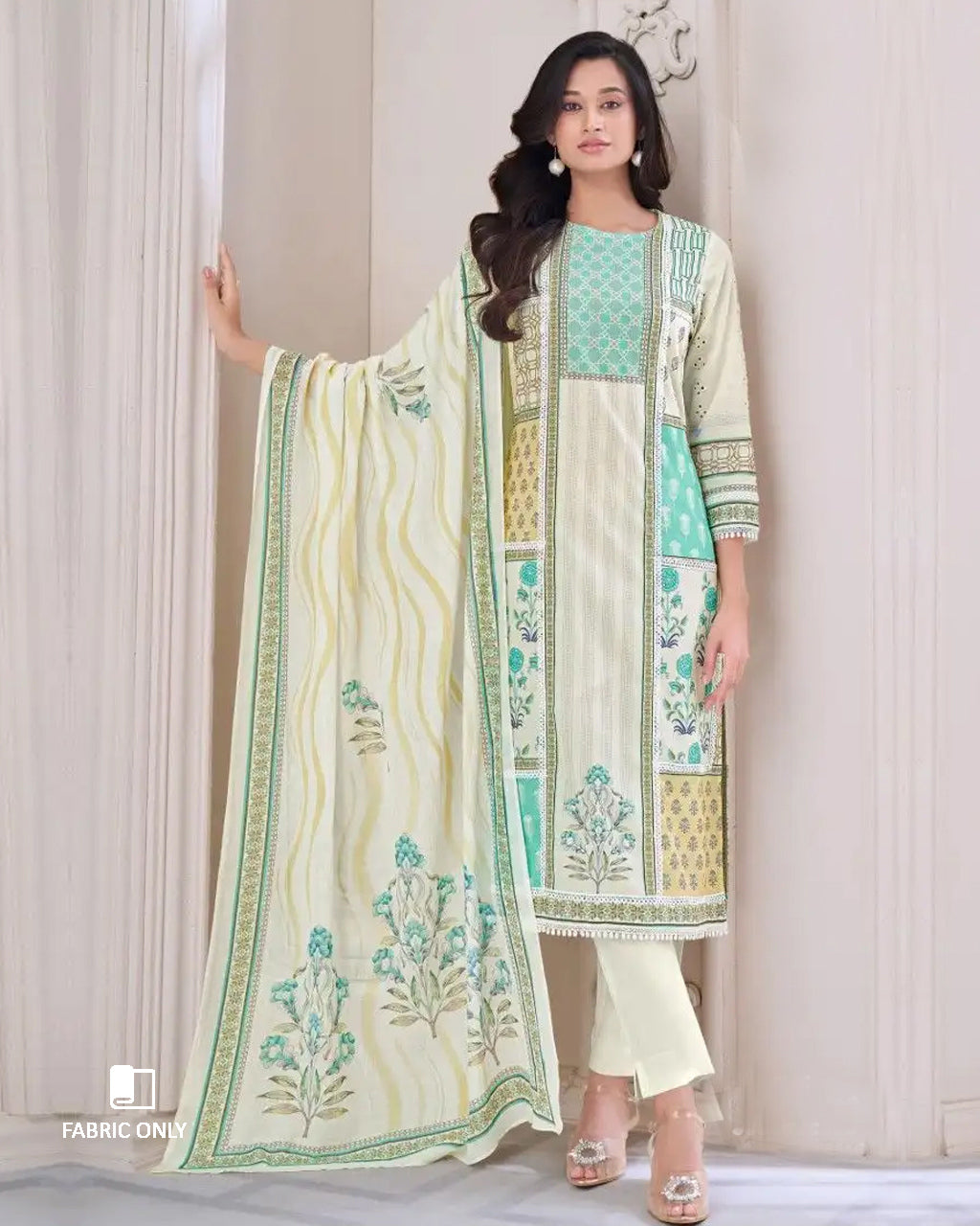 Turquoise & White Cotton Lawn Unstitched Dress Material