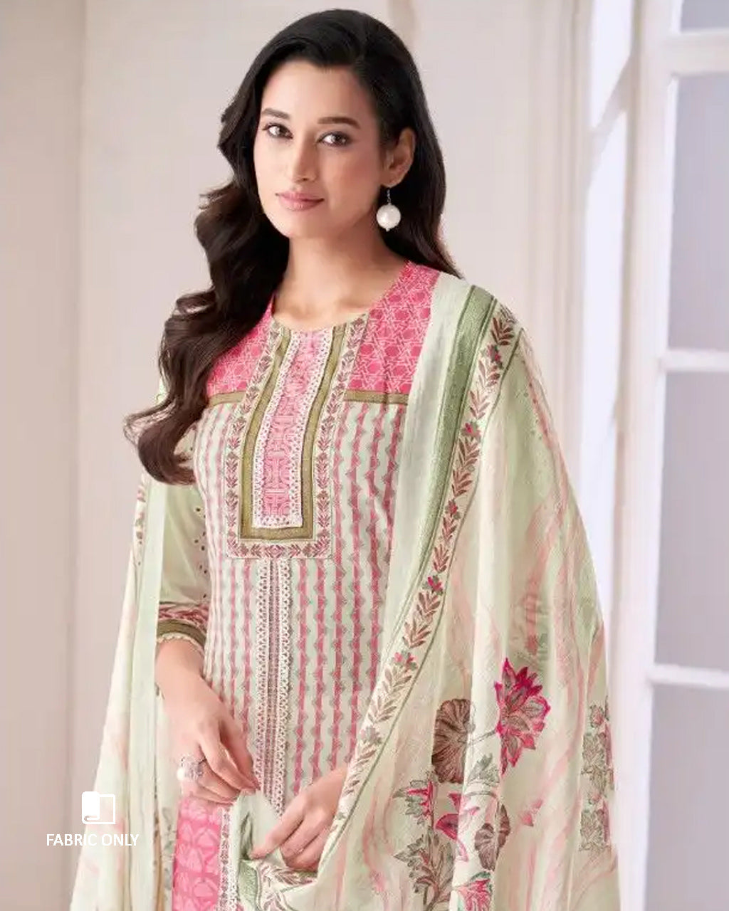 Light Salmon Pink & White Pure Cotton Lawn Unstitched Dress Material