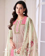 Light Salmon Pink & White Pure Cotton Lawn Unstitched Dress Material