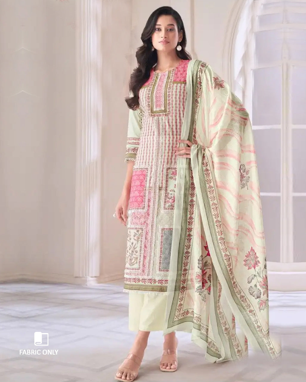 Light Salmon Pink & White Pure Cotton Lawn Unstitched Dress Material