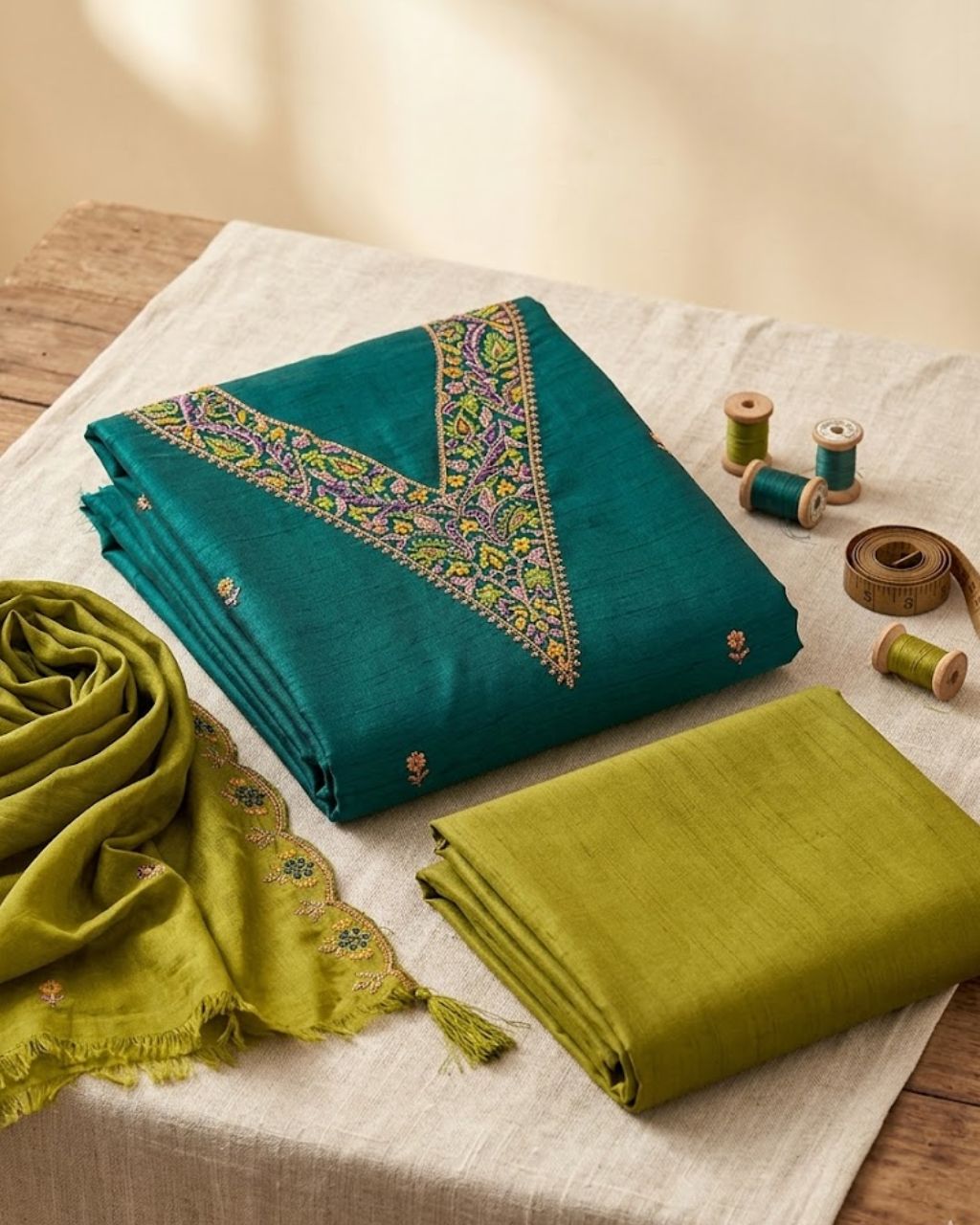 Deep Marine Green Blue Vichitra Silk Understated Glamour