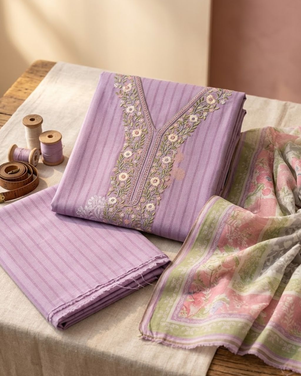 Purception Purple Muslin Digital Print Embroidered Grace Set