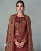 Syrah Red Viscose Jam Satin With Heavy Embroidery Work Unstitched Dress Material