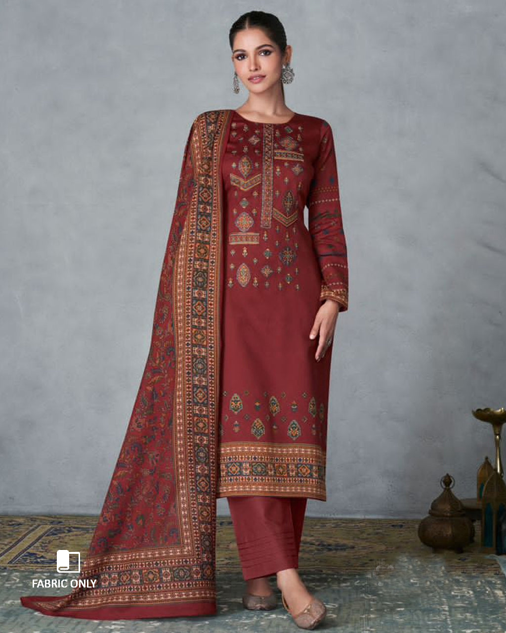 Syrah Red Viscose Jam Satin With Heavy Embroidery Work Unstitched Dress Material