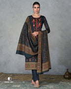 Salute Blue Viscose Jam Satin With Heavy Embroidery Work Unstitched Dress Material