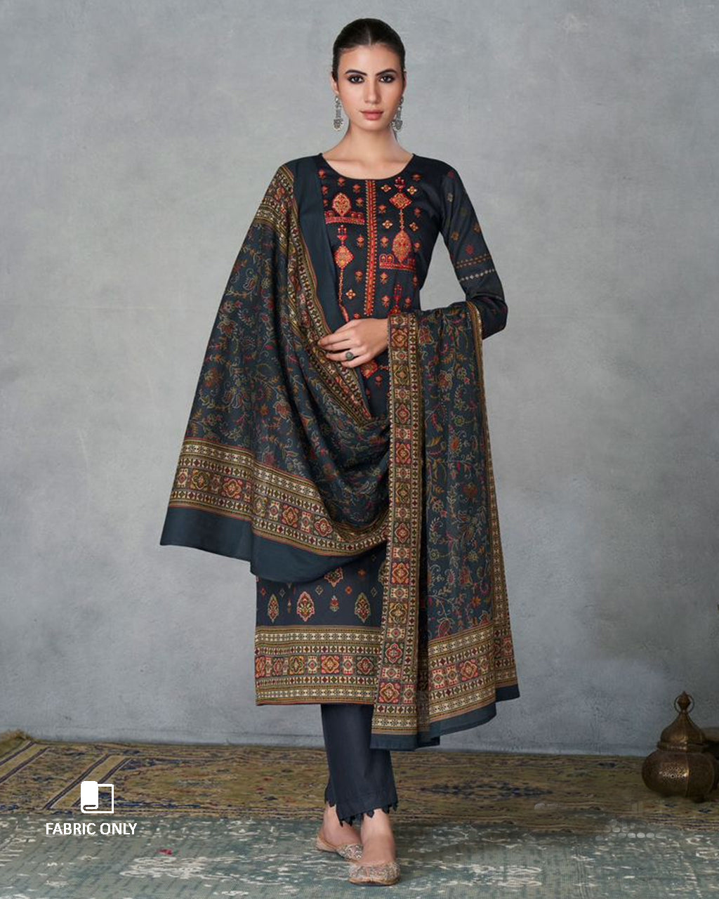 Salute Blue Viscose Jam Satin With Heavy Embroidery Work Unstitched Dress Material