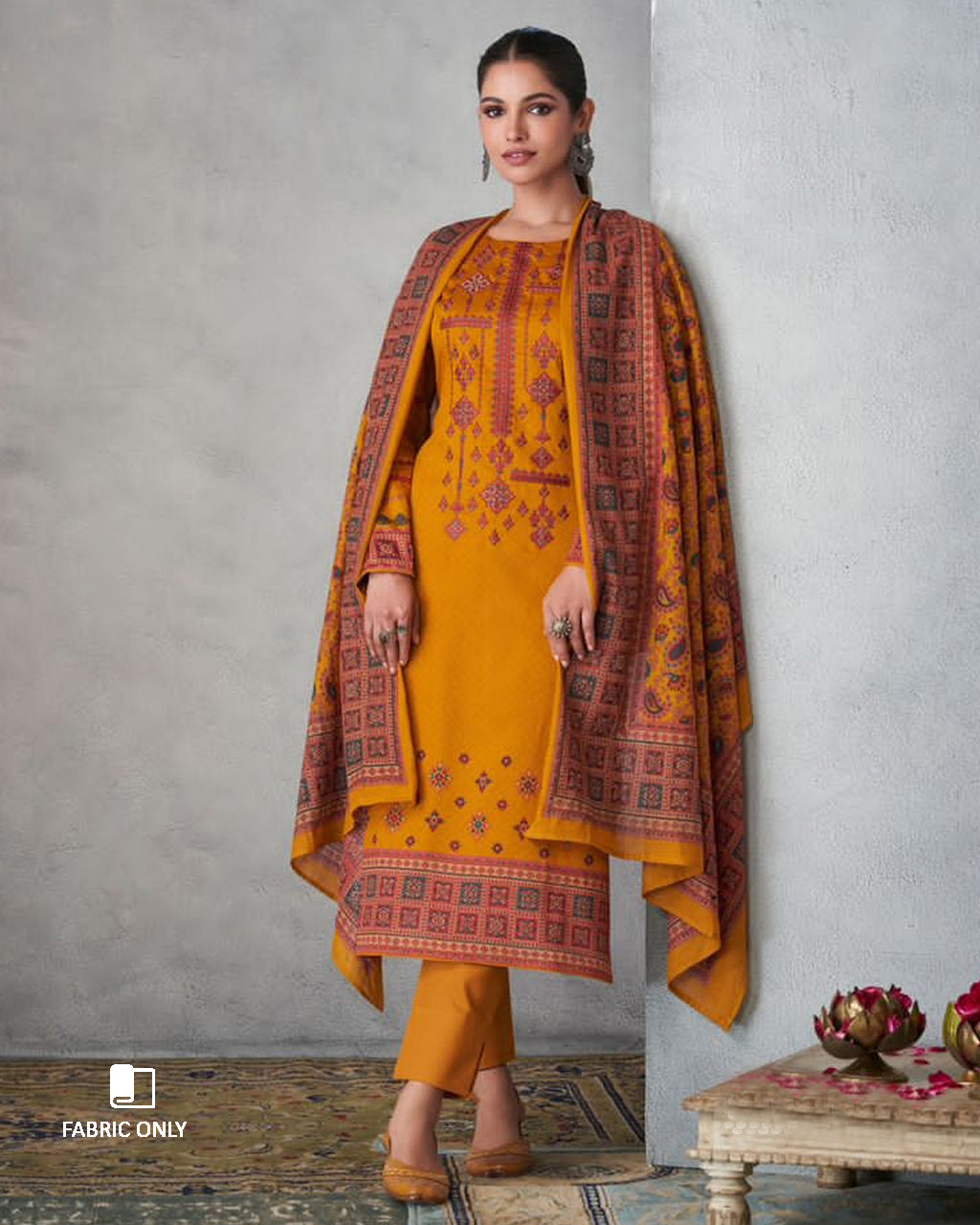 Fire Bush Orange Viscose Jam Satin With Heavy Embroidery Work Unstitched Dress Material