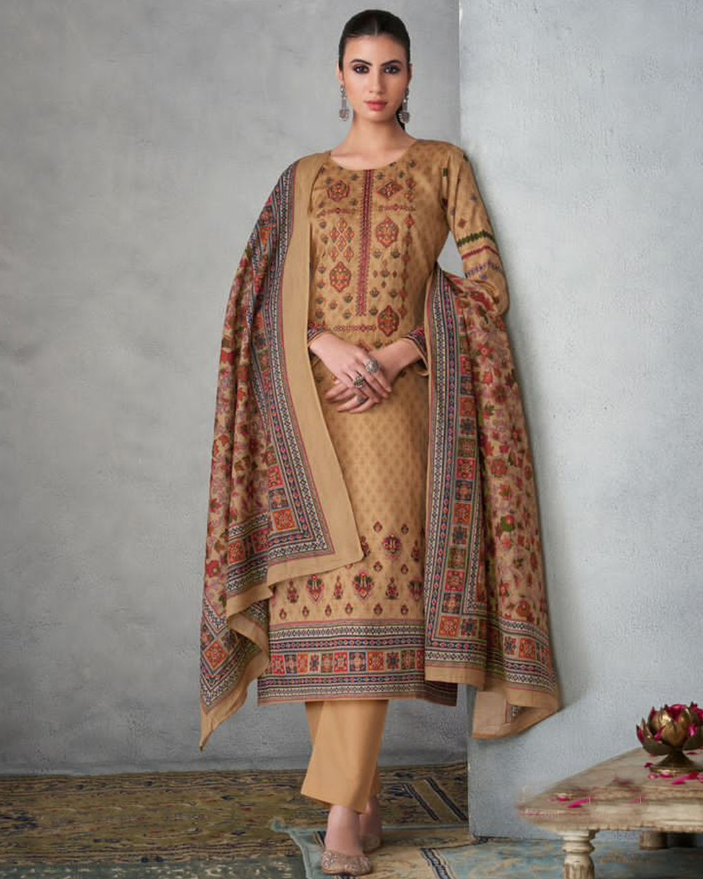 Hamster Fur Beige Viscose Jam Satin With Heavy Embroidery Work Contemporary Elegance
