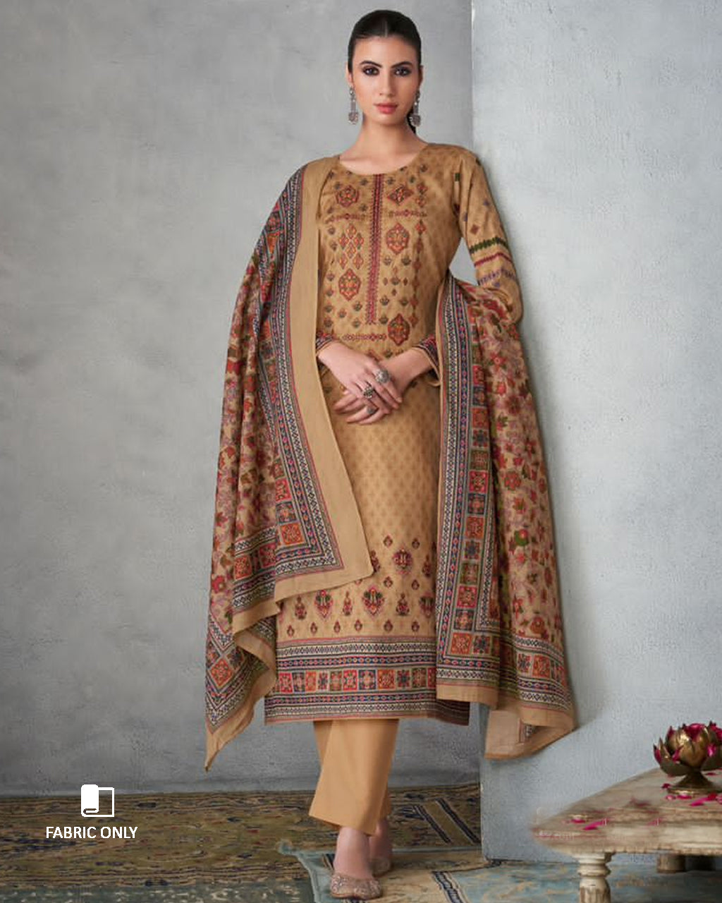 Hamster Fur Beige Viscose Jam Satin With Heavy Embroidery Work Unstitched Dress Material