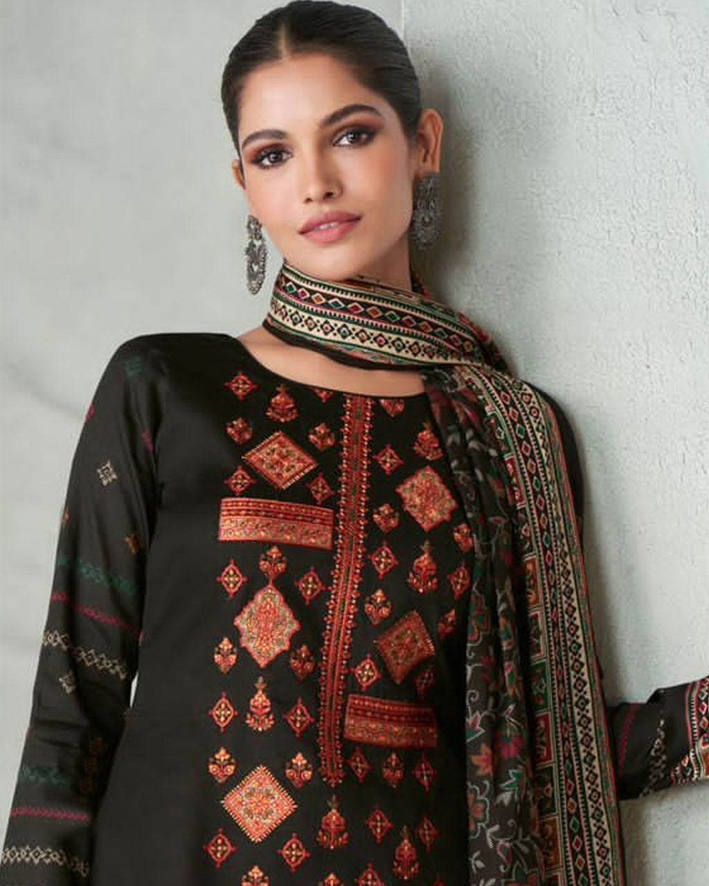 Petroleum Black Viscose Jam Satin With Heavy Embroidery Work Artistry Edit