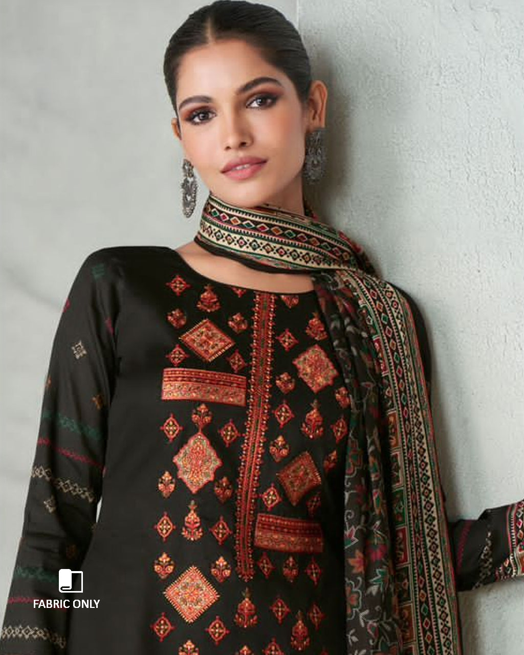 Petroleum Black Viscose Jam Satin With Heavy Embroidery Work Unstitched Dress Material