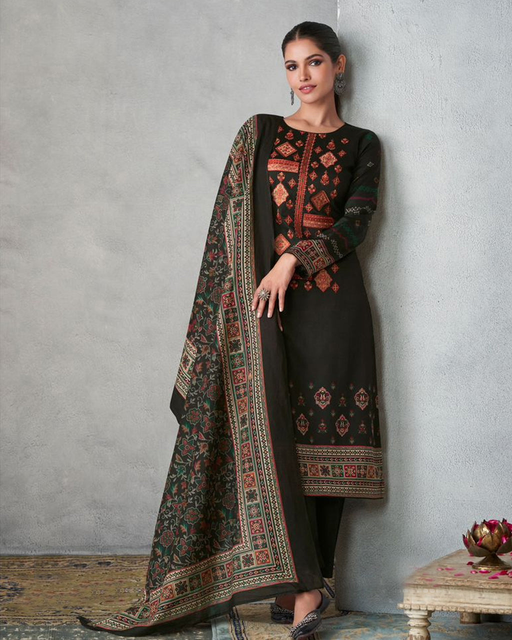 Petroleum Black Viscose Jam Satin With Heavy Embroidery Work Artistry Edit