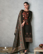 Petroleum Black Viscose Jam Satin With Heavy Embroidery Work Unstitched Dress Material