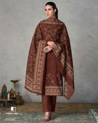 Peaty Brown Viscose Jam Satin With Heavy Embroidery Work Unstitched Dress Material