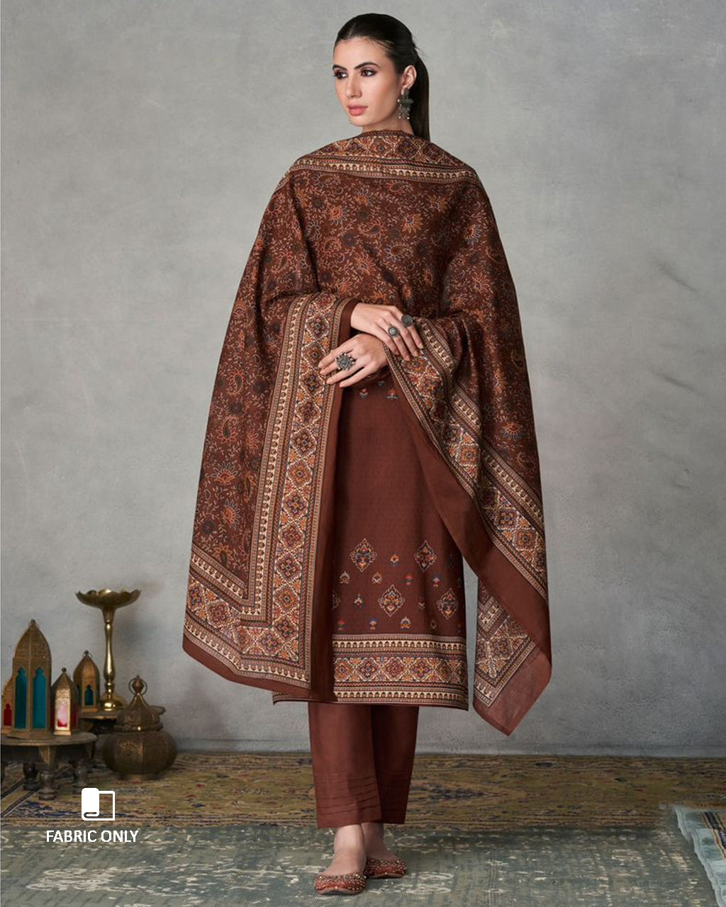 Peaty Brown Viscose Jam Satin With Heavy Embroidery Work Unstitched Dress Material