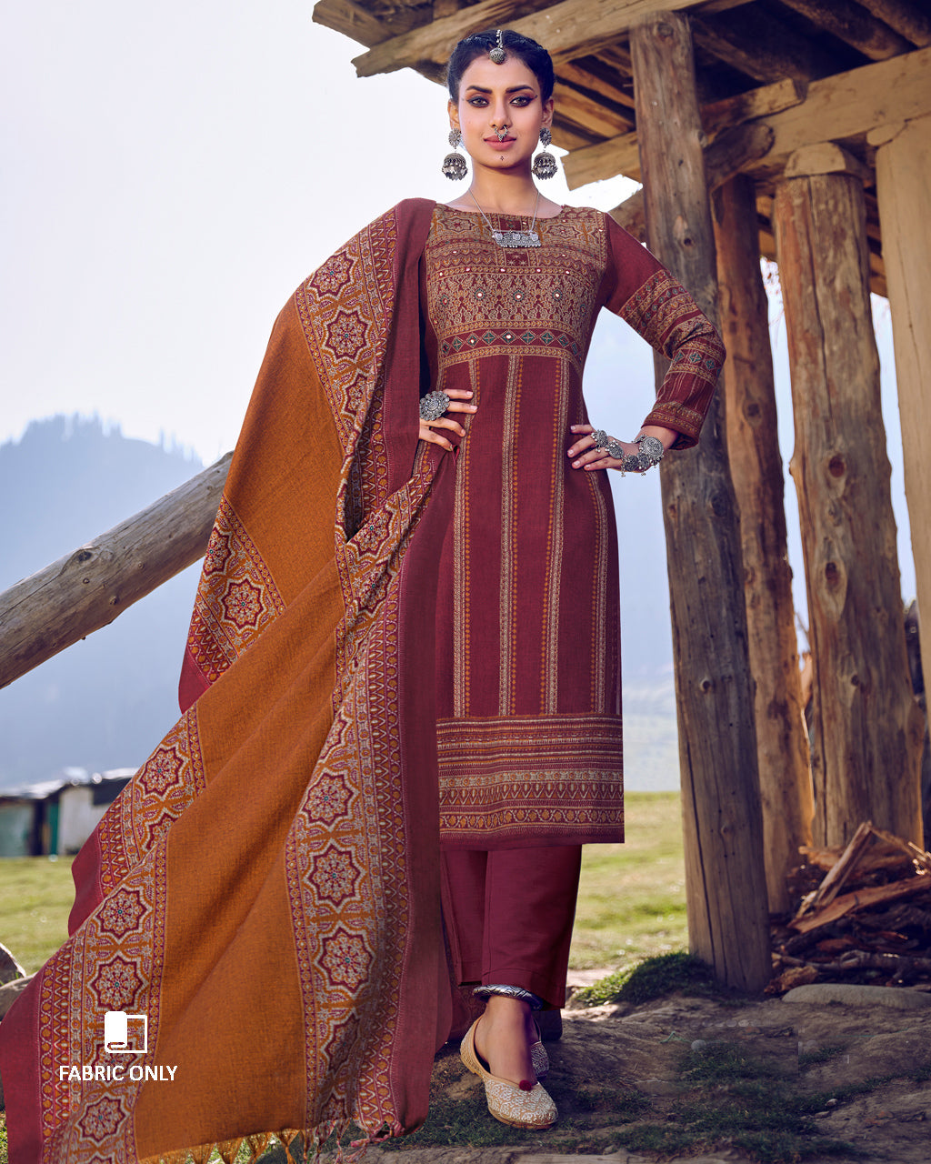 Brown Magenta Alpine Wool Unstitched New Design Dress Material
