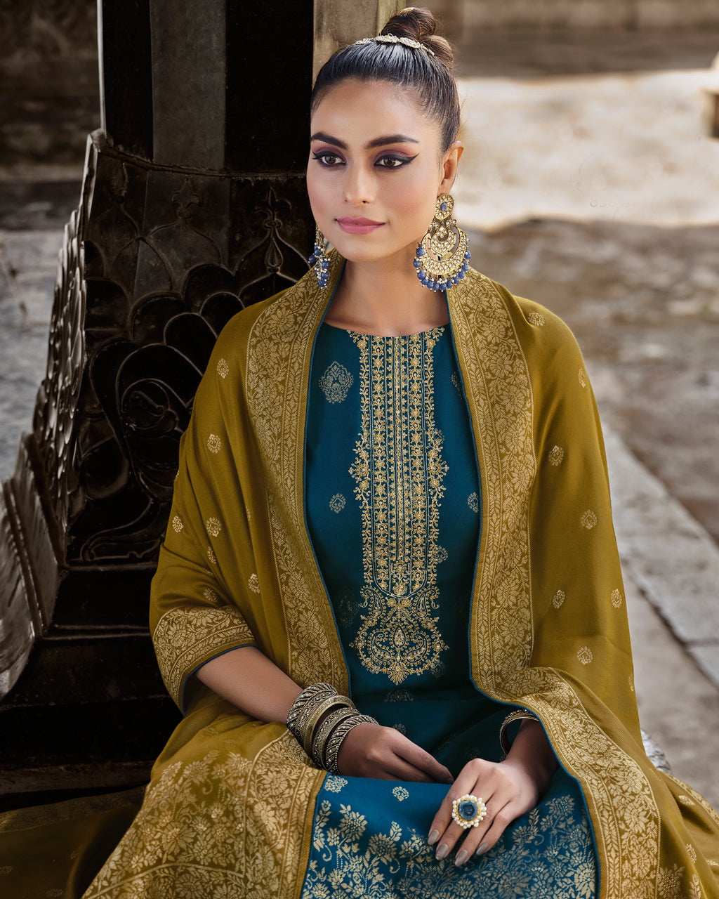 Octagon Ocean Blue Pure Viscose Pashmina Unstitched Designer Dress Material