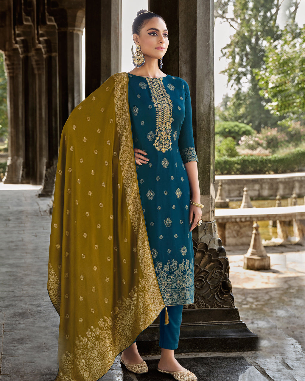 Octagon Ocean Blue Pure Viscose Pashmina Royal Jacquard Attire