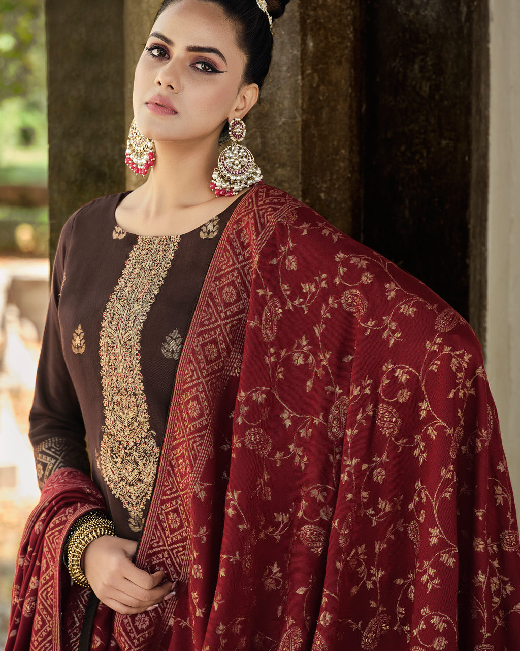 Brown Derby Viscose Pashmina Unstitched Designer Dress Material