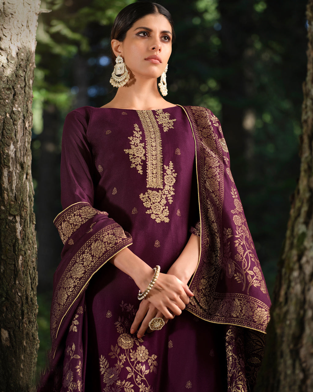 Plum Purple Viscose Pashmina with Heavy Jacquard Embroidery Soft Glam