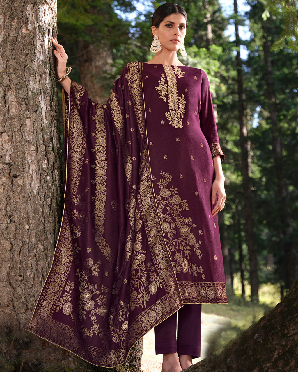 Plum Purple Viscose Pashmina With Heavy Embroidery Work Jacquard Radiant Sophistication