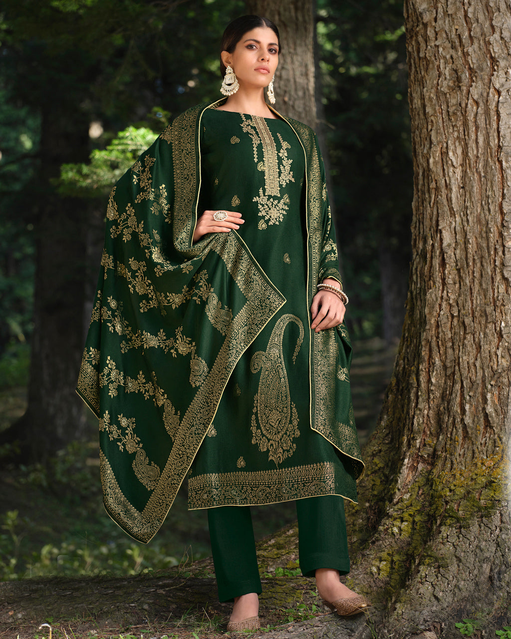 Zucchini Green Viscose Pashmina With Heavy Embroidery Work Jacquard Opulent Artistry