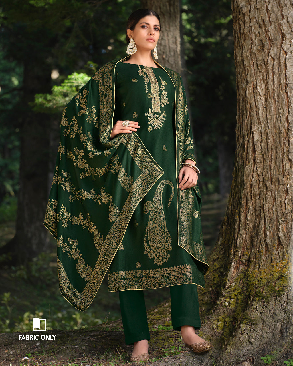 Zucchini Green Viscose Pashmina With Heavy Embroidery Work Jacquard Unstitched Dress Material