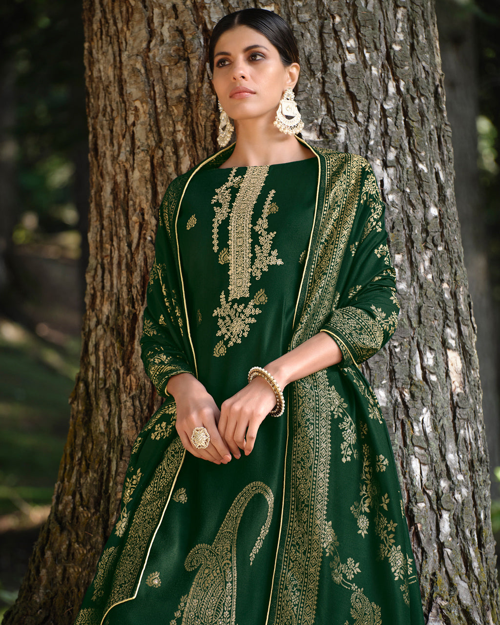 Zucchini Green Viscose Pashmina With Heavy Embroidery Work Jacquard Opulent Artistry