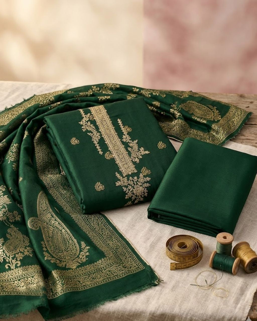 Zucchini Green Viscose Pashmina With Heavy Embroidery Work Jacquard Opulent Artistry