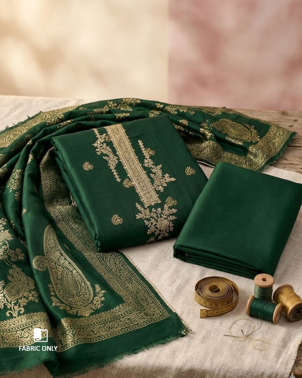 Zucchini Green Viscose Pashmina With Heavy Embroidery Work Jacquard Opulent Artistry
