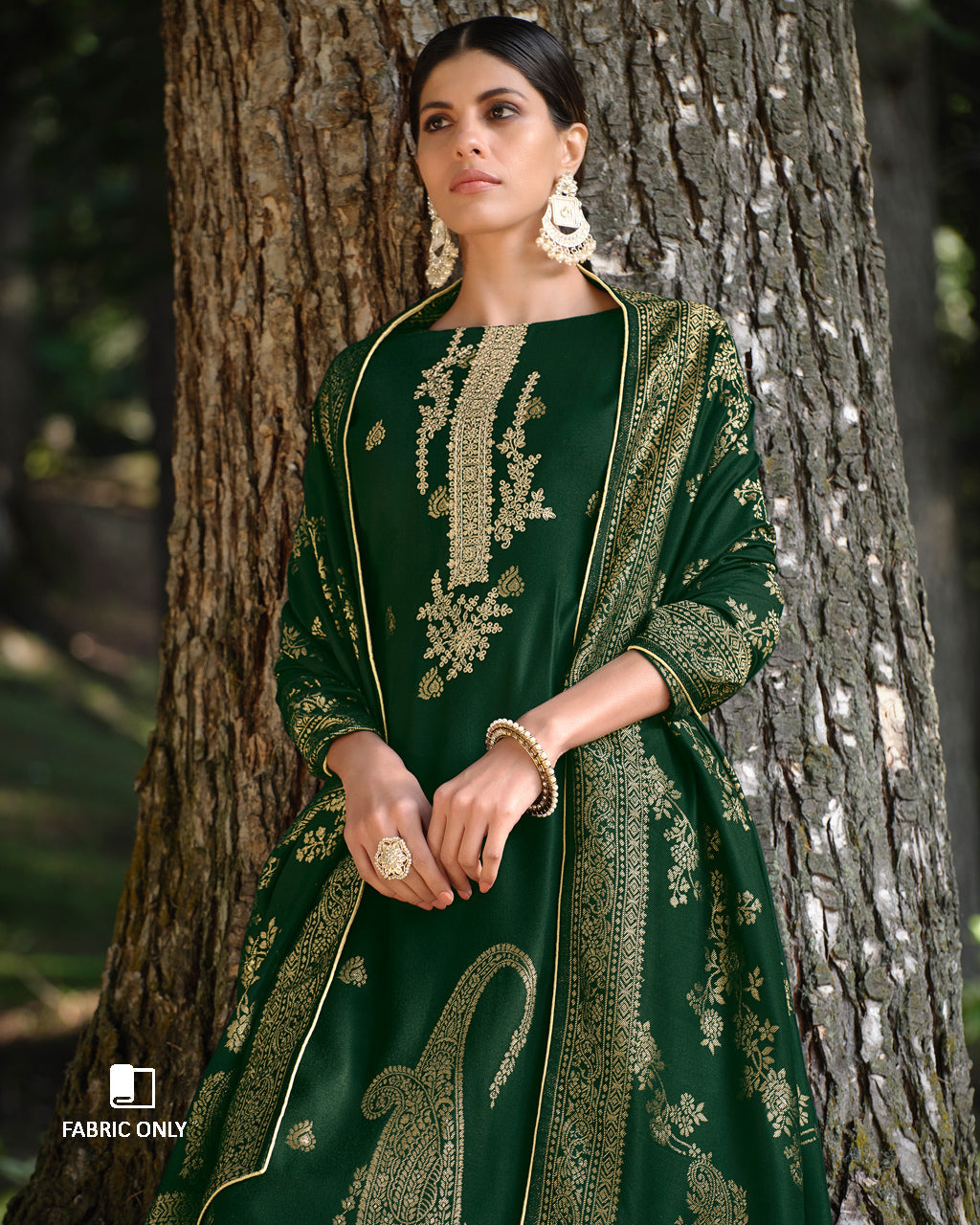 Zucchini Green Viscose Pashmina With Heavy Embroidery Work Jacquard Unstitched Dress Material