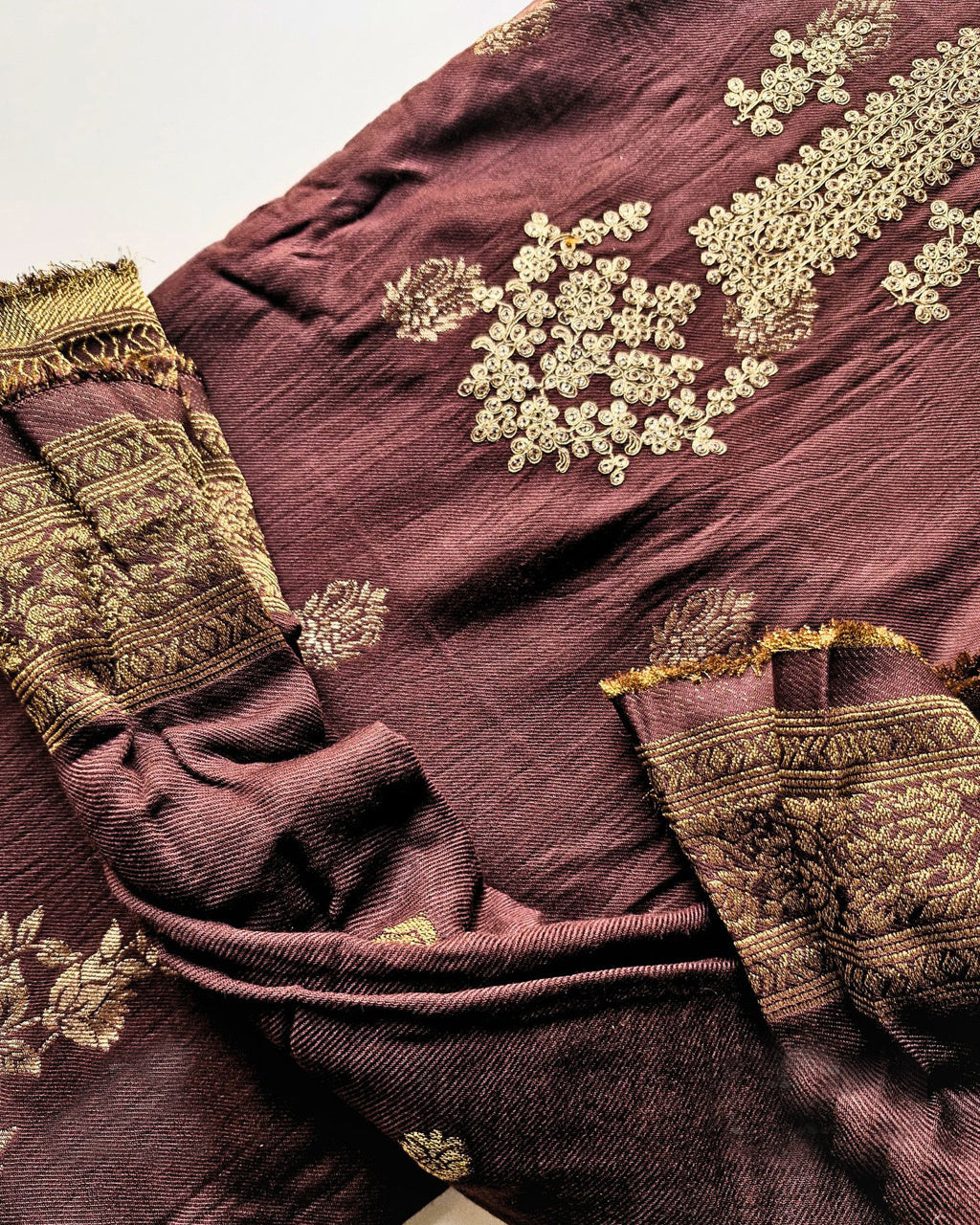 Bitter Brown Viscose Pashmina with Embroidery Work Jacquard Luxe Elegance