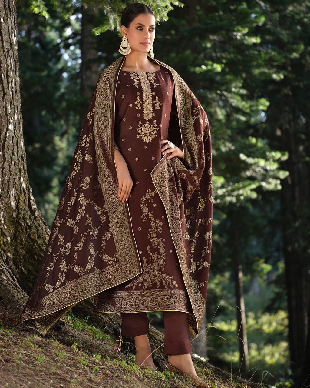 Bitter Chocolate Brown Viscose Pashmina with Heavy Embroidery Work Jacquard Luxe Elegance Ensemble