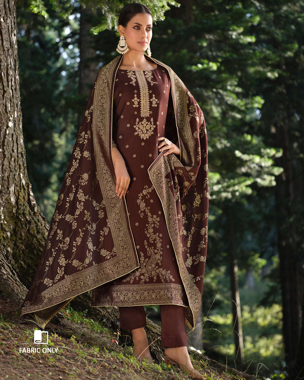 Bitter Chocolate Brown Viscose Pashmina With Heavy Embroidery Work Jacquard Unstitched Dress Material