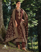 Bitter Chocolate Brown Viscose Pashmina With Heavy Embroidery Work Jacquard Unstitched Dress Material