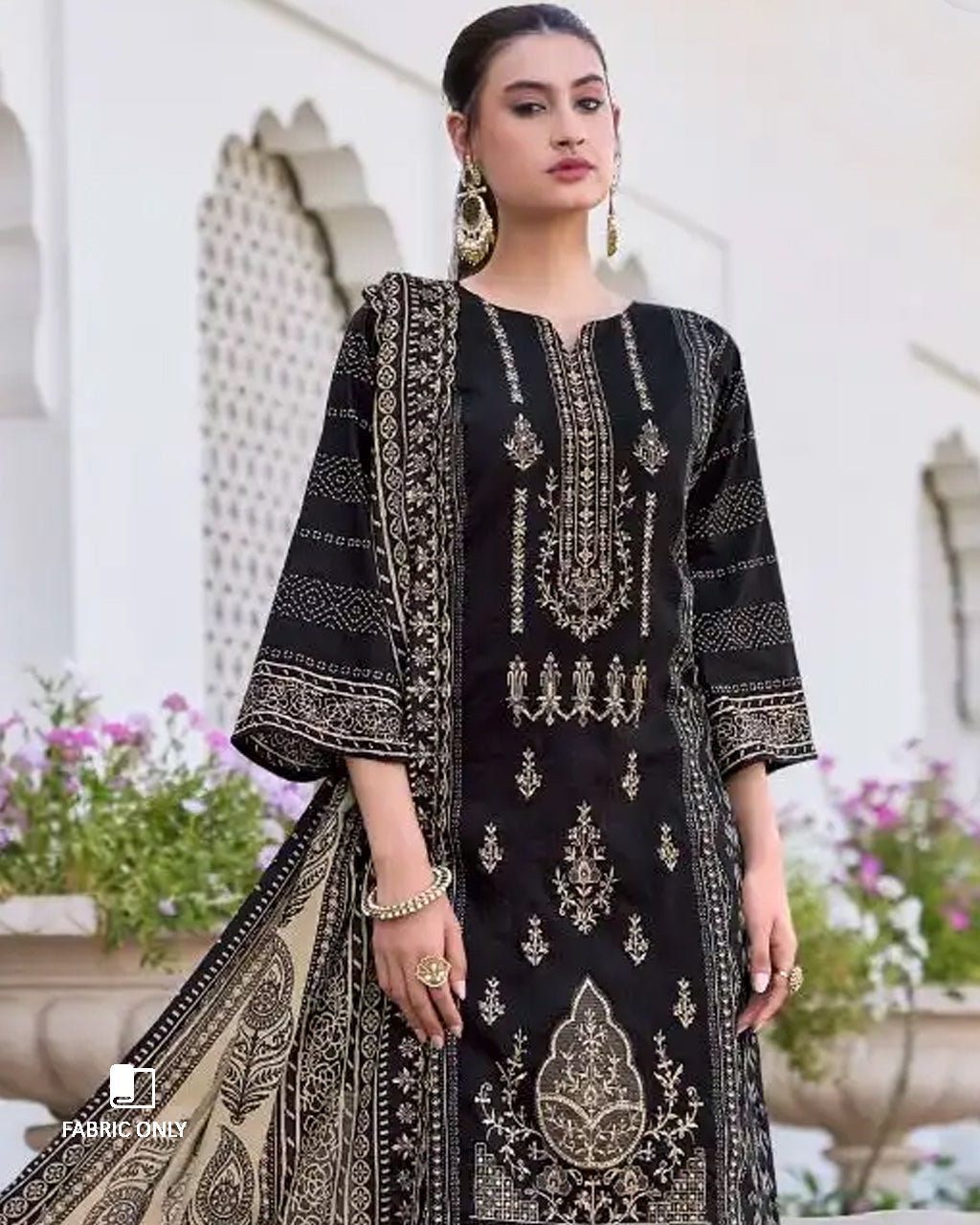 To Hell and Black Cotton with Heavy Embroidery & Mal Dupatta Unstitched Dress Material