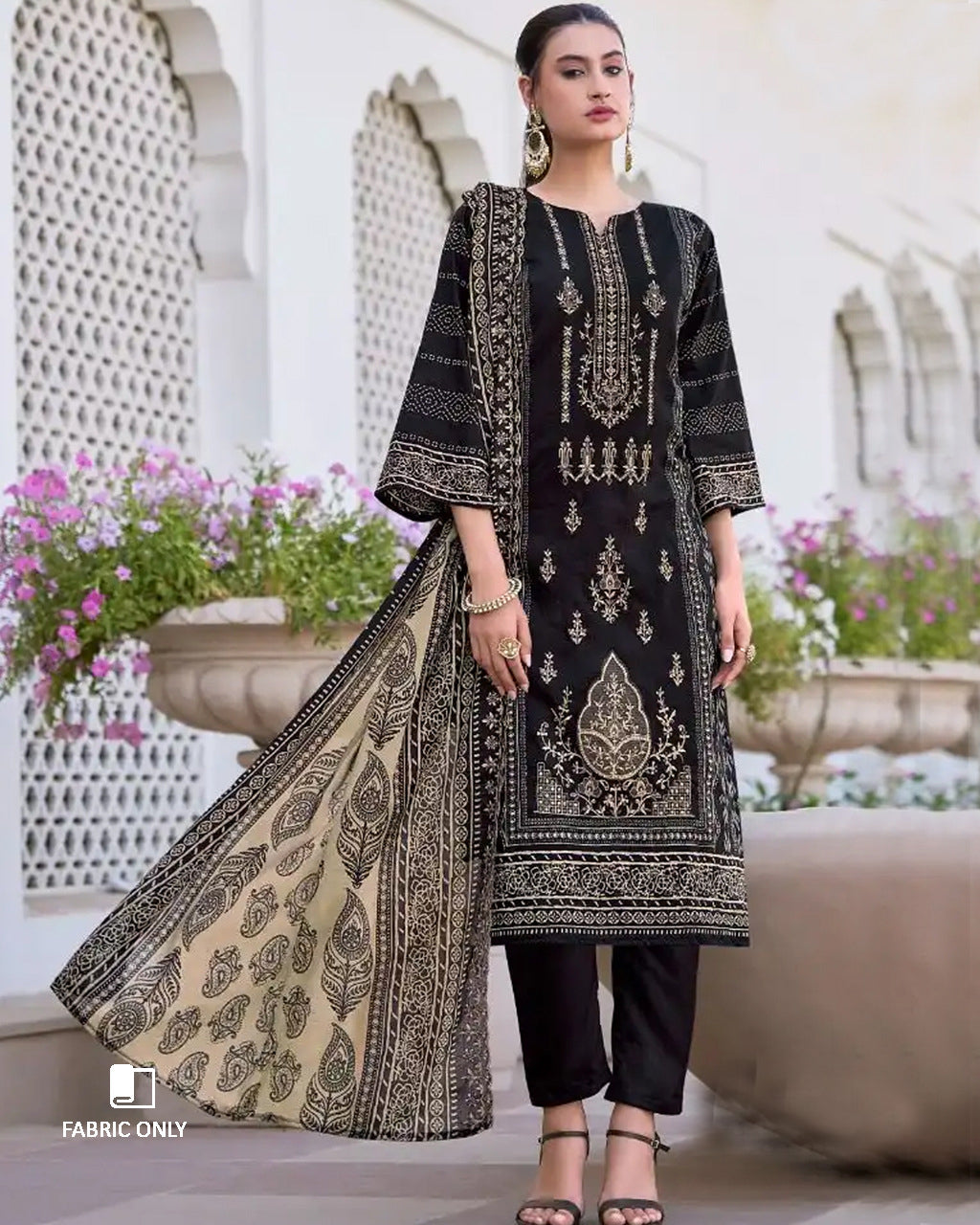 To Hell and Black Cotton with Heavy Embroidery & Mal Dupatta Unstitched Dress Material