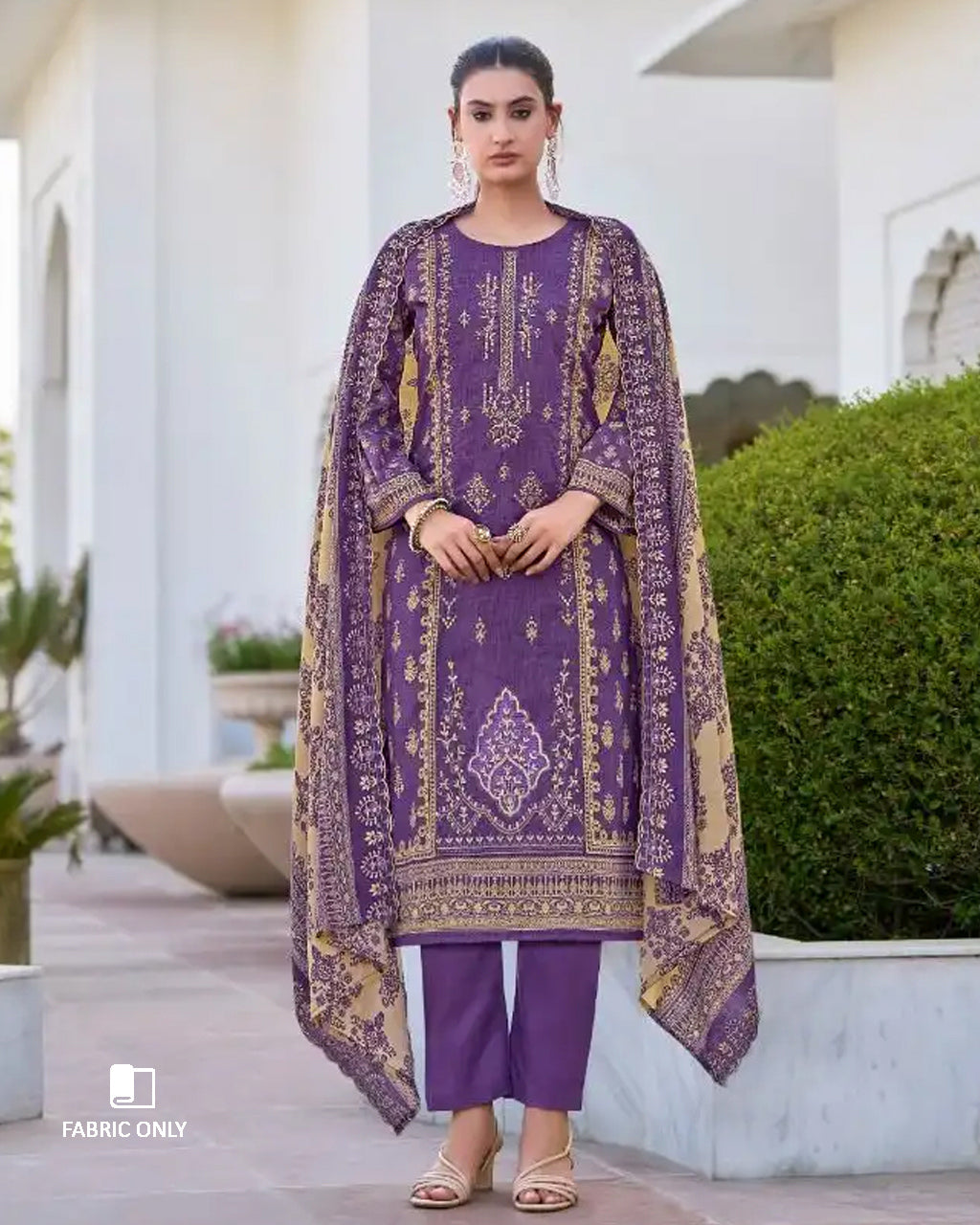 Imperial Purple Cotton with Heavy Embroidery & Mal Mal Dupatta Unstitched Dress Material