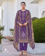 Imperial Purple Cotton with Heavy Embroidery & Mal Mal Dupatta Unstitched Dress Material