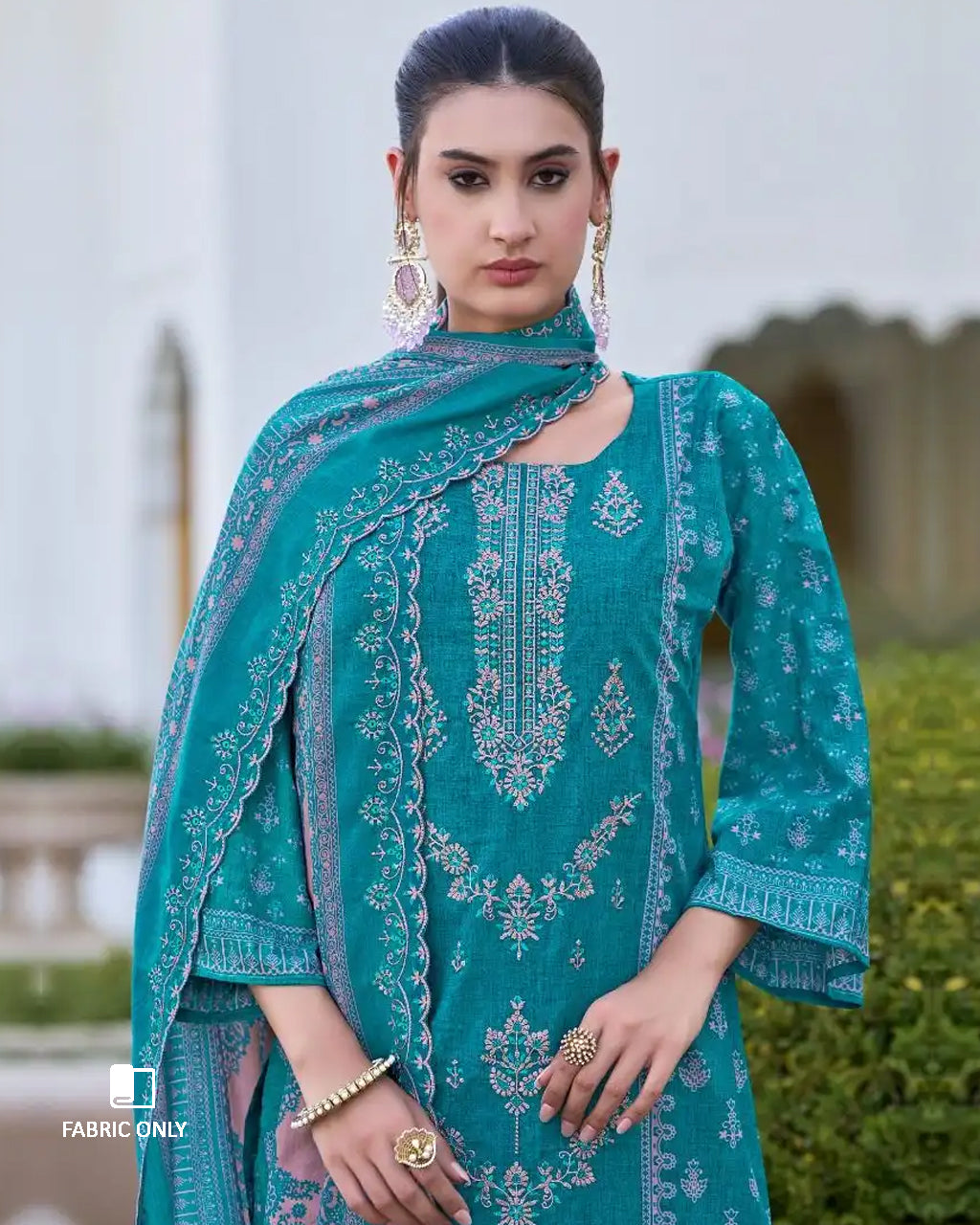 Blue Chill Cotton with Heavy Embroidery & Mal Mal Dupatta Unstitched Dress Material