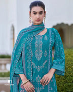 Blue Chill Cotton with Heavy Embroidery & Mal Mal Dupatta Unstitched Dress Material