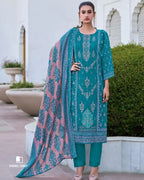 Blue Chill Cotton with Heavy Embroidery & Mal Mal Dupatta Unstitched Dress Material