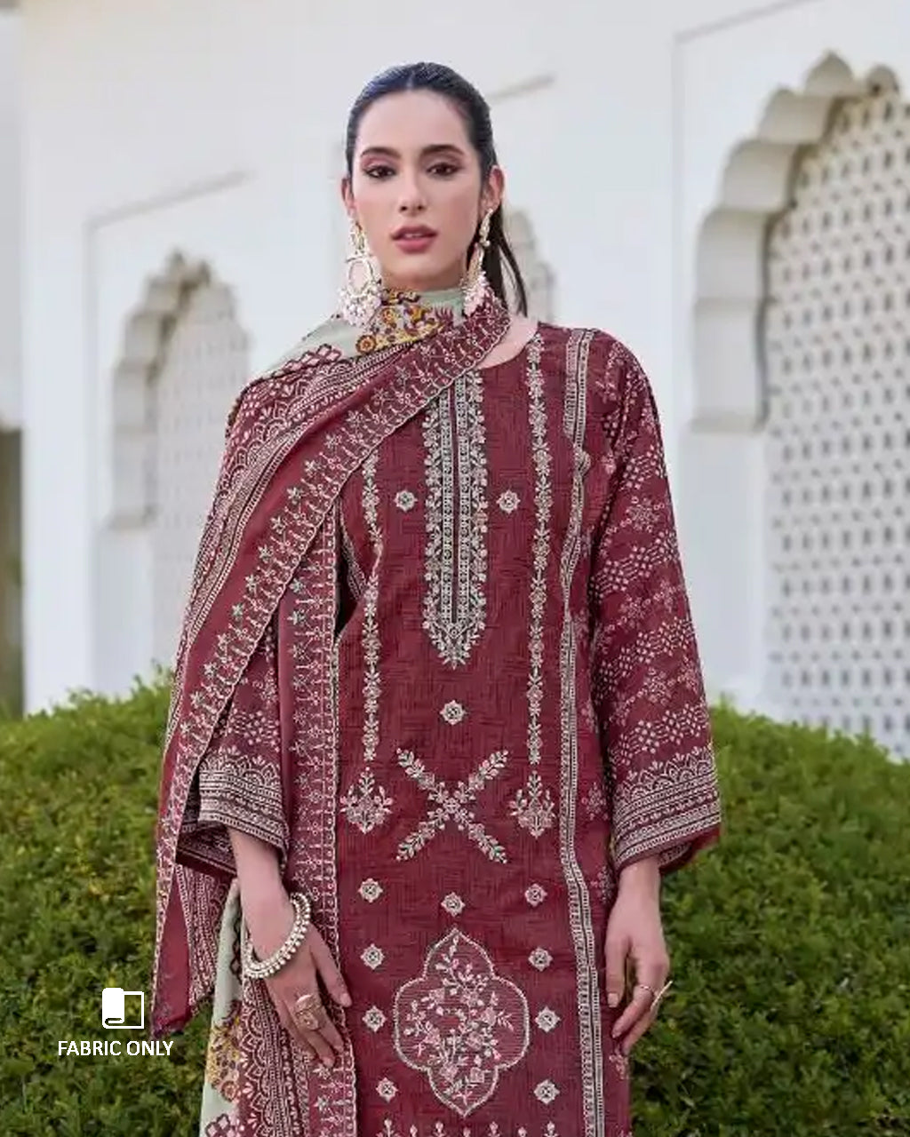 Kuwazome Red Cotton with Heavy Embroidery & Mal Mal Dupatta Unstitched Dress Material