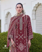 Kuwazome Red Cotton with Heavy Embroidery & Mal Mal Dupatta Unstitched Dress Material