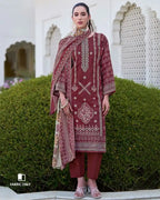 Kuwazome Red Cotton with Heavy Embroidery & Mal Mal Dupatta Unstitched Dress Material